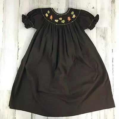 Autumn Leaves Brown Smocked Fall Bishop Dress Thanksgiving Girls Sz 4 • $16.99