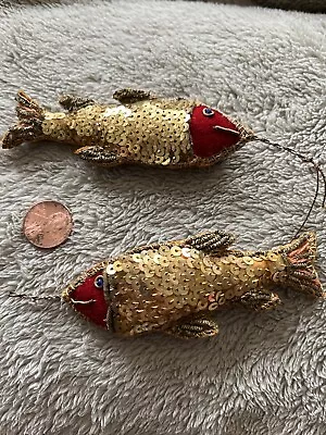 Vintage Sequined Fish Gold And Red Lot Of Two Christmas Ornaments • $18