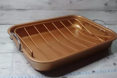 Non Stick Copper Roasting Pan With Rack Grill Roaster Meat Food Tray Bakeware • £19.99
