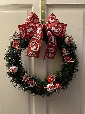 Handmade Christmas Wreath With Red And White Wooden Santa Stockings And Bells • £35