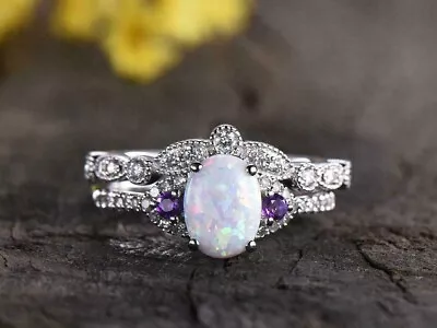 3CT Oval Fire Opal Vintage Art Deco Wedding Bridal Ring Set 14k White Gold Over • $72