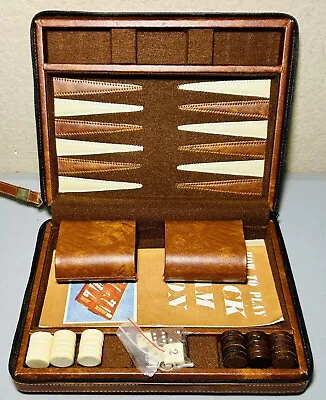 Gorgeous Vintage Backgammon Complete Set Leather Zippered Travel Case 9.5” X 7” • $29.69