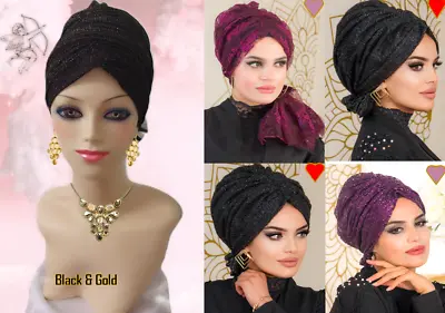 Hijab Beautiful Head Scarf  Made Mash Fabric Black And Gold- 14 WX64 • £12.53