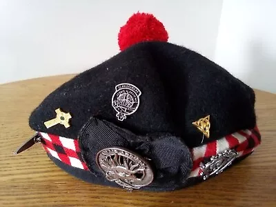 VINTAGE Scottish Glengarry Diced Hat Pom Tam Piper Black Red Highland Wool • $65.99
