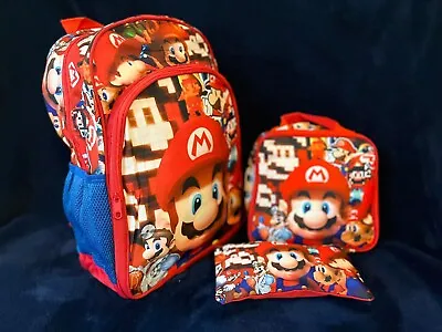 3Pcs Set Super Mario Backpack Kids Boys Travel Schoolbag Shoulder Bag Rucksack • £23