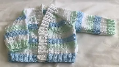 NEW HAND KNITTED (ACRYLIC) BABY CARDIGAN 16   Chest In (Blue-White-Green Stripe) • £4.50