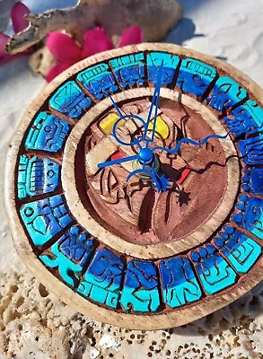 Blue Silent Wall Clock  Mayan Calendar  Wood Carved Panel Mexican Folk Art 5-in • $74.99