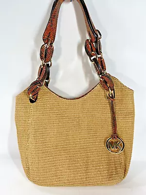 Michael Kors Woven Straw & Orange Snakeskin Patent Leather Shoulder/Hobo Bag • $29.99