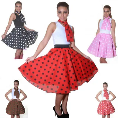 New Ladies ROCK & ROLL POLKA DOT 50S & 60s LADIES FANCY DRESS SKIRT OR SCARF Lot • £13.99