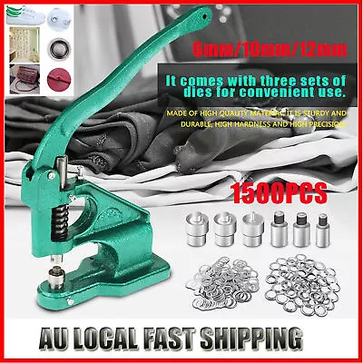 Hand Press Grommet Eyelet Hole Punch Machine W/ 3 Dies & 1500 Grommets 6/10/12mm • $47.39