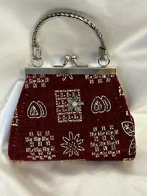 Vintage Small Burgundy Red Jeweled Purse With Strap MCM Atomic Flower Design • $14.75