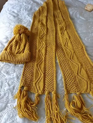  Cable Knit Scarf With Tassels & Hat Set  Large Mustard 100% Pure  Wool • £12