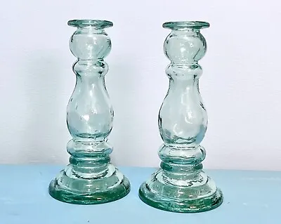 Pair Vintage Mexican Pressed Glass Green/Aqua 8  High Candlesticks Holders EUC • $14