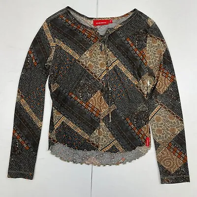 XX By Mexx Top Medium Brown Womens Long Sleeve V-Neck Blouse Patterned Y2K 00's • $11.20