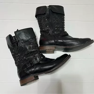 Ugg Australia Conor Black Leather Strap Studded Moto Mid Calf Boots Size 7.5 • $55