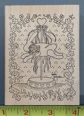 BUNNY RABBIT CAROUSEL TOY Wood/Rubber Stamp Fancy Hearts Ribbons Flowers Framed • $10