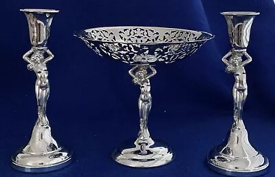 $50 • Buy KROME KRAFT Candlesticks & Compote Set FARBER Bros. NYC Nude Woman Art Deco USA