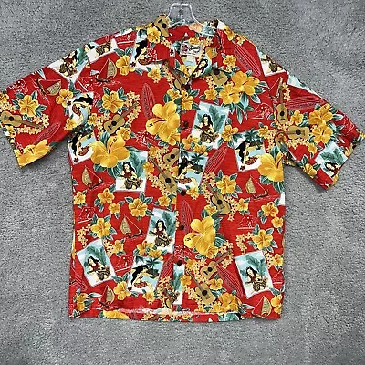 VTG Hilo Hattie Hawaii Shirt Size L Postcard Hula Girl Ukulele Floral Sail Surf • $17.87