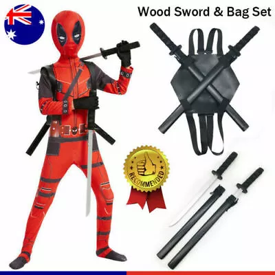 Kids Deadpool Costume Spandex Suit Bodysuit Superhero Cosplay + Knives & Bag Set • $27.99