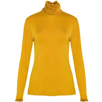 Women's Girls Long Sleeve Frill Ruffles High Neck Slimfit Polo Shirt Top Jumper  • £7.99