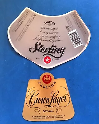 CARLTON & UNITED Un-Used Beer Labels:  CROWN LAGER & STERLING (375ml) X 2 • $3.95