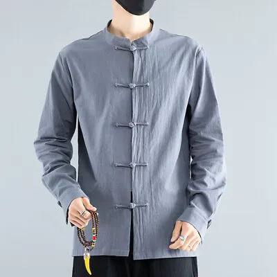 Men Cotton Linen Shirt Casual Long Sleeve Top Mandarin Collar Frog Button Retro • $31.41