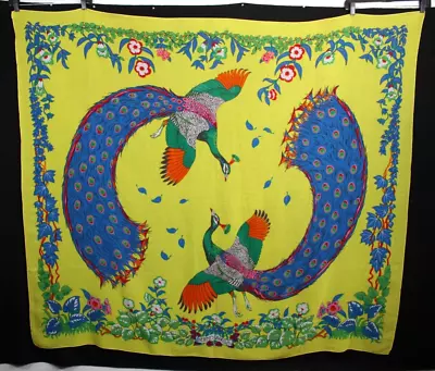 HERMES Vintage Bright Yellow & Multicolor Peacock Print Cotton Pareo Shawl Wrap • $298