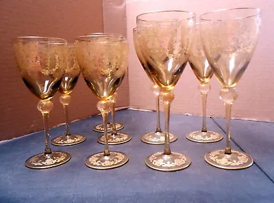 Fabulous Set Of Venetian/Murano Mid-century Gold Gilt Goblets 5 Water+5 Wine • $299