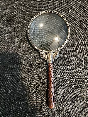 Vintage Heavy Metal & Ribbed Carved  Wood Handle Magnifying Glass • $9.99