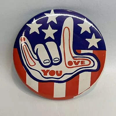 Vtg 70s Pin Back Button Love You Hand Sign Retro Patriotic Red White Blue 3  • $12.59