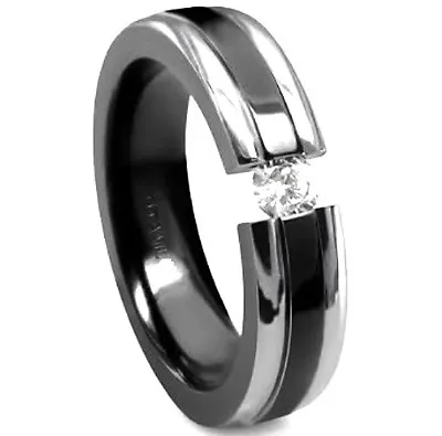 TITANIUM TENSION RING With Black Plated Accent Band & CZ Size 10 - In Gift Box • $16.91
