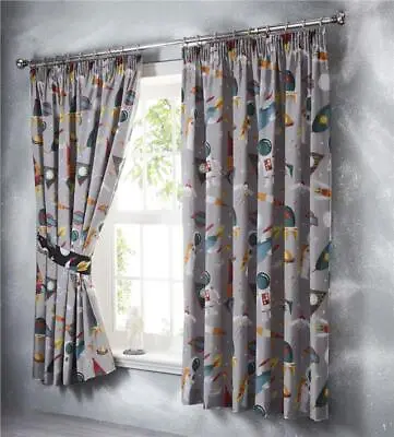 Curtains Lined Pencil Pleat Childrens Bedroom Grey Outer Space Astronaut Rockets • £22.99