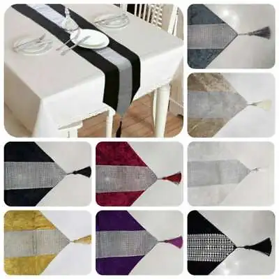 Diamante Crushed Velvet Table Runner Dining Sparkle Tasseled Edges 33x196 CM UK  • £12.79