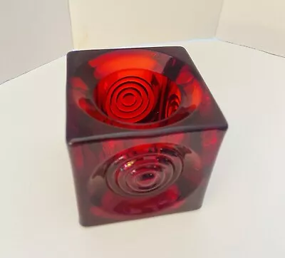 Vintage VIKING GLASS Ruby Red BULLSEYE Bulls Eye MCM Cube CANDLE HOLDER Votive • $38