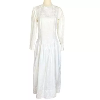 Vintage Edwardian Inspired Long Sleeve High Neck Cotton Blend Wedding Dress XS • $165