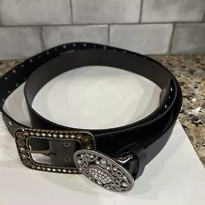 Lot Of 2 Belts Brown & Black With Rhinestone Buckles & Studs  Vintage • $34.95