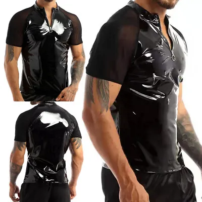 Mens Shiny PVC Leather T-Shirt Latex Wetlook Male Glossy Zipper Slim Shirts Tops • £18.83