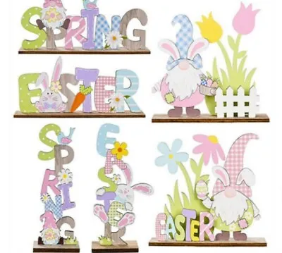 Easter Wooden Table Sign Easter Bunny Gnome Stand Tabletop Ornaments Decor MC • £4.66