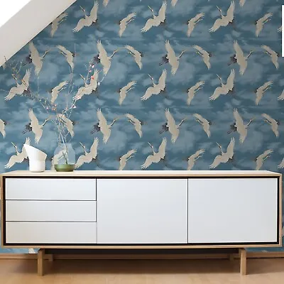 £1.49 • Buy Sky Blue White Wallpaper Metallic Silver Oriental Japanese Birds Cranes