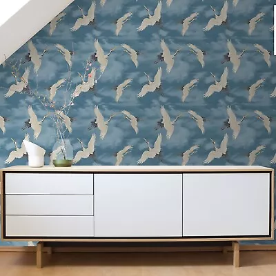 Sky Blue White Wallpaper Metallic Silver Oriental Japanese Birds Cranes • £9.89