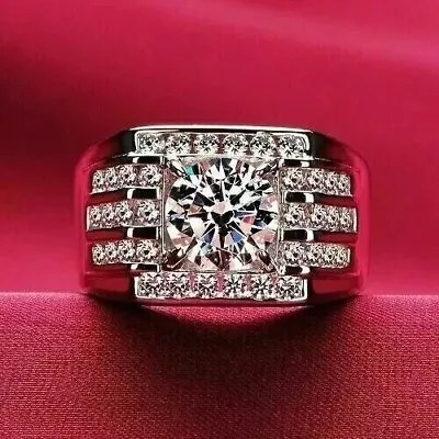 14K White Gold Plated Real Moissanite 2Ct Round Cut Men's Engagement Band Ring • $349.99