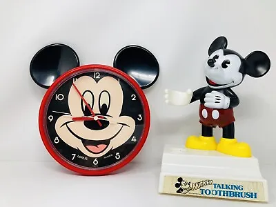 Vintage Disney Mickey Mouse Wall Clock /Mickey Talking Toothbrush Stand As Is • $15.99