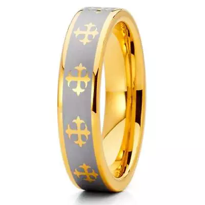 5Mm Yellow Gold Tungsten Carbide Wedding Ring Cross Design Silver Finish Unisex • $28.42