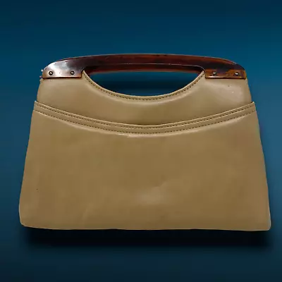Vintage Waxed Tan Leather Tortoiseshell Acrylic Handle Clutch Purse Bag Handbag • $18.89