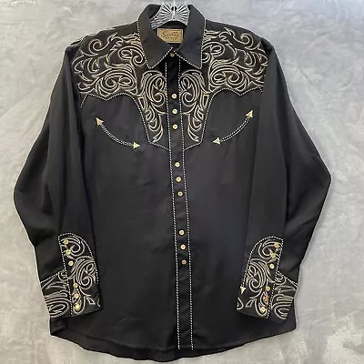 Scully Western Shirt Mens Size M Black Copper Embroidered Pearl Snap Vintage • $134.79