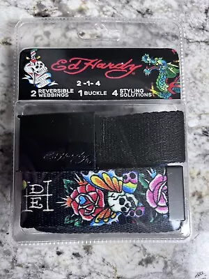 Ed Hardy Belt 2 Reversible Skull Rose Navy & Black With Ed Hardy Buckle NIB • $9.89