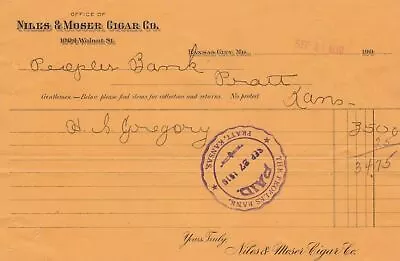 U.S. Niles & Moser Cigar Co. Walnut Street Kansas. 1910 Paid Invoice Ref 43680 • $8.96