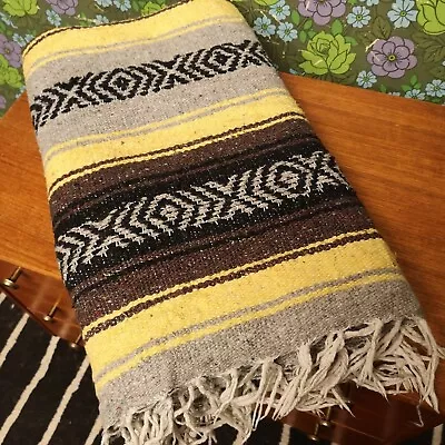 £19.99 • Buy Yellow Brown Grey Mexican Woven Stripy Falsa Yoga Beach/Picnic Blanket / Throw