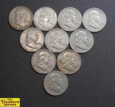 $5 Face 10 1948-1963 PDS Benjamin Franklin Head HALF DOLLAR 50C 90% Silver Coins • $90.12