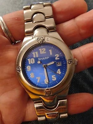 Vintage Men's Sharp Blue Dial Silver Date Watch Era 1980 Japan Movement • $25